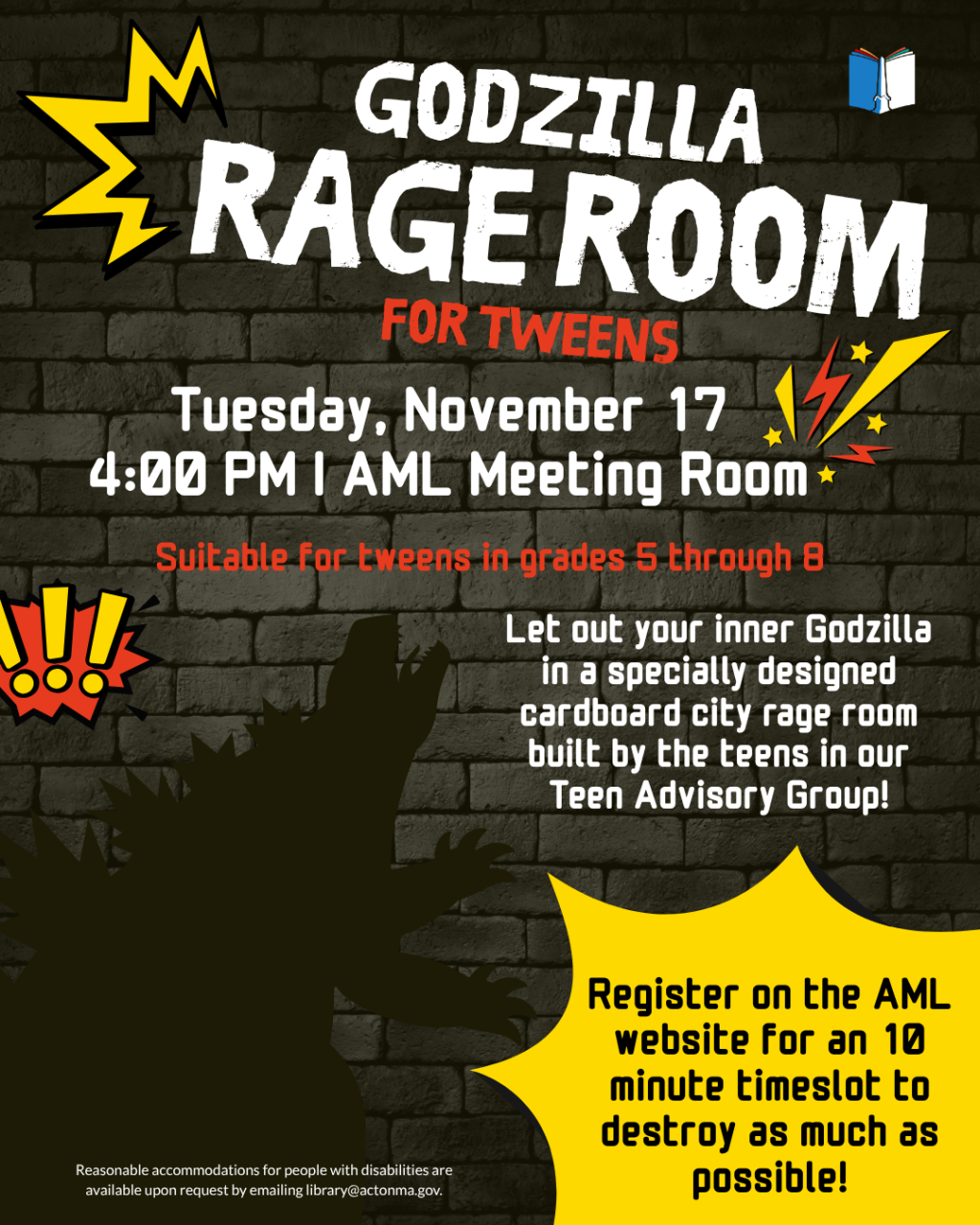 Godzilla Rage Room for Tweens - 4:15 PM Slot
