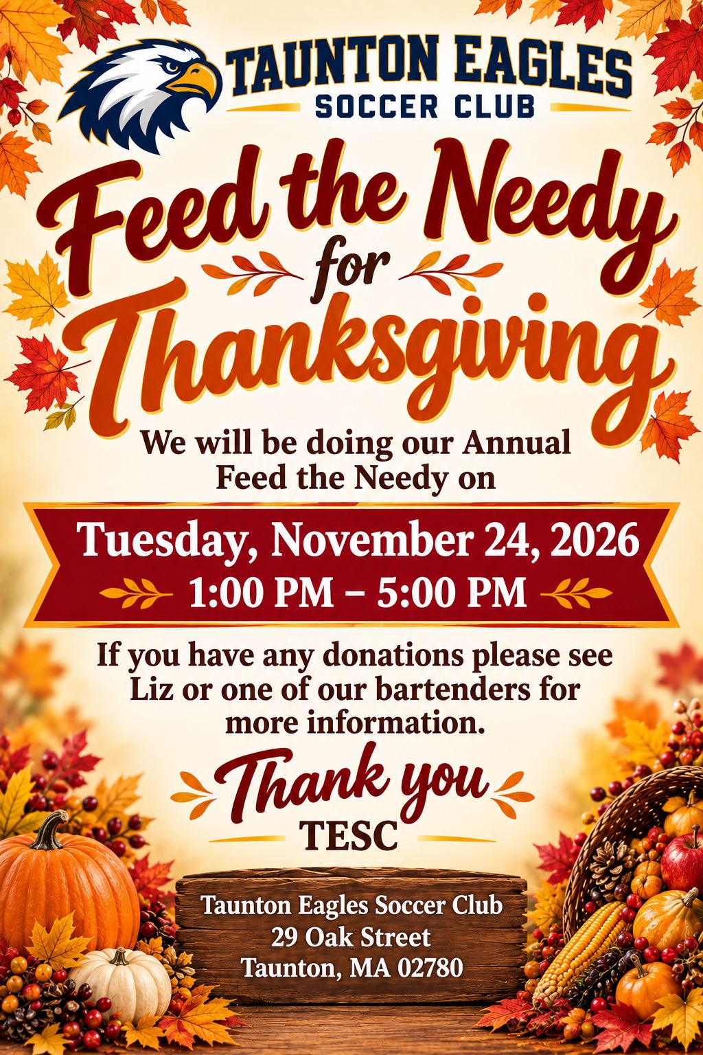 Taunton Eagles Soccer Club Thanksgiving Meal